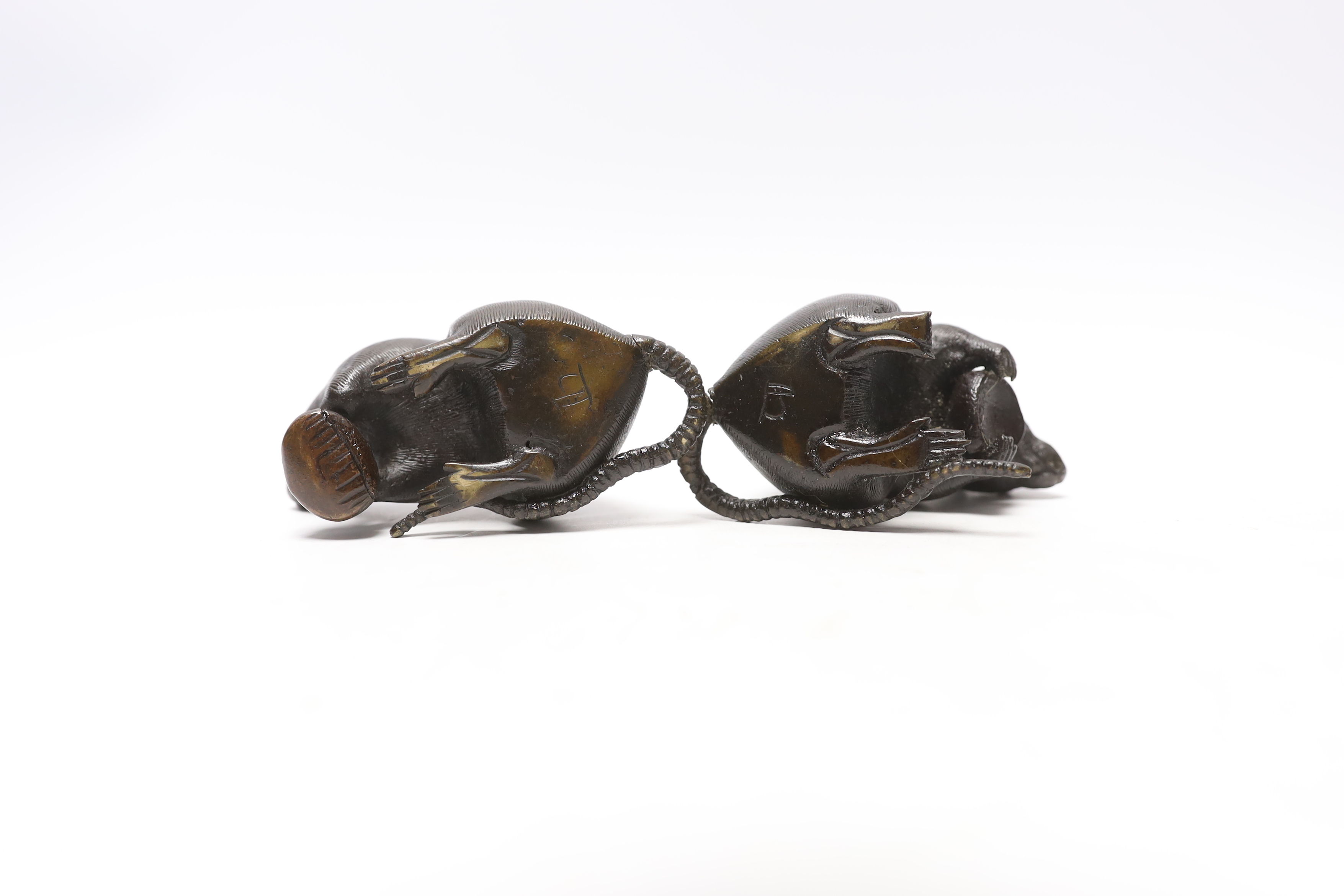 Two Japanese Meiji period cast bronze models of mice, signed, tallest 6.5cm